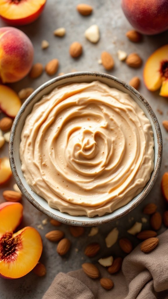 A creamy peach almond butter dip surrounded by fresh peaches and almonds, inviting you to indulge in a delicious vegan snack.