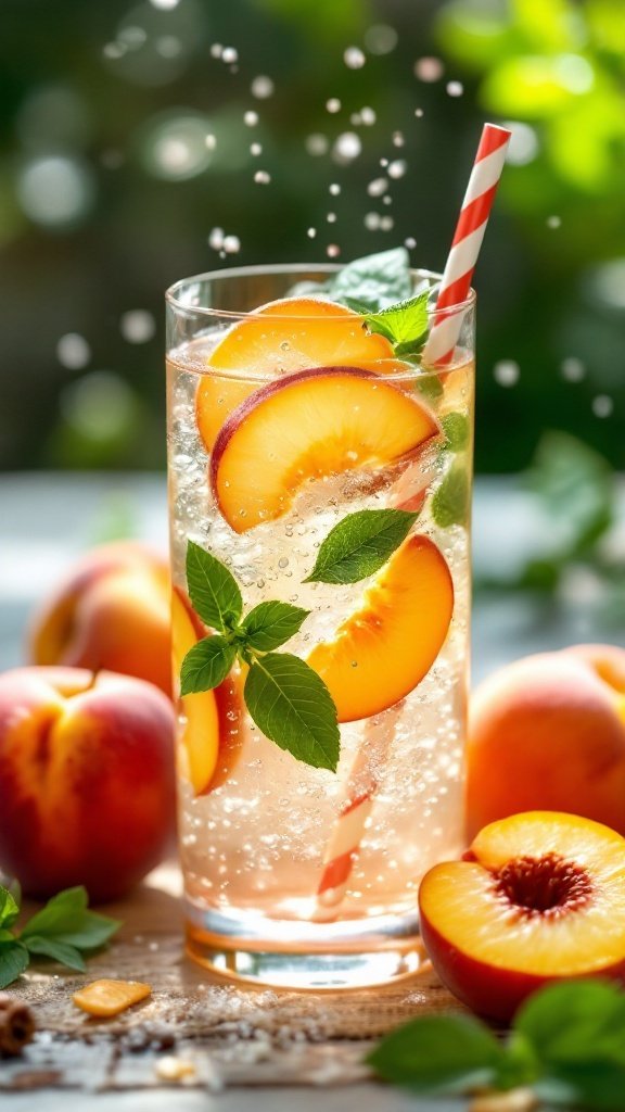 A refreshing glass of Peach Basil Sparkling Soda with peach slices and mint leaves.