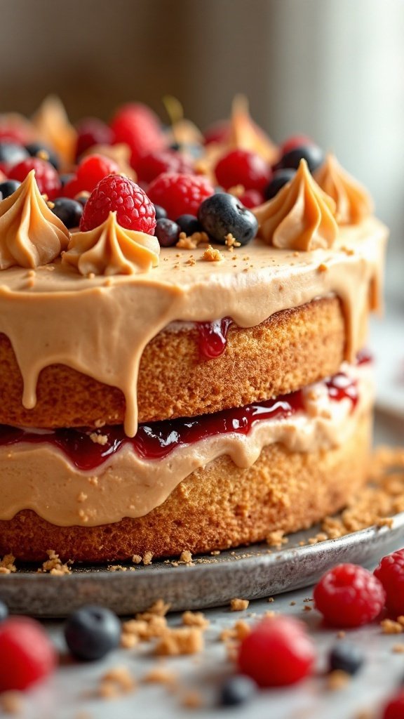 A beautifully decorated peanut butter and jelly cake topped with berries and frosting.