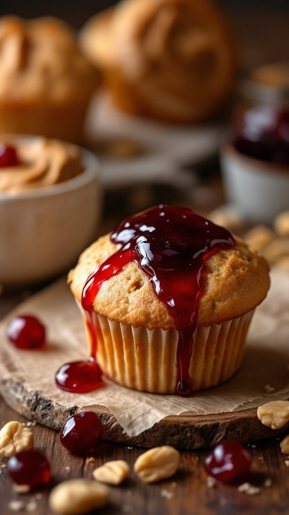 Close-up of a muffin topped with jelly, with more muffins and peanuts in the background.