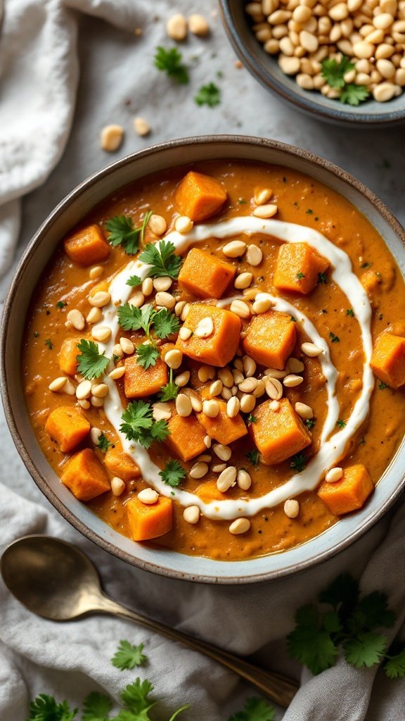 A bowl of peanut butter and sweet potato curry garnished with fresh herbs and peanuts.