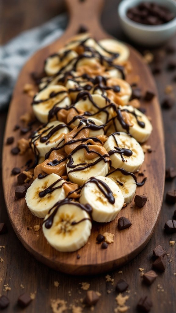 A wooden platter with banana slices topped with peanut butter and chocolate drizzle.
