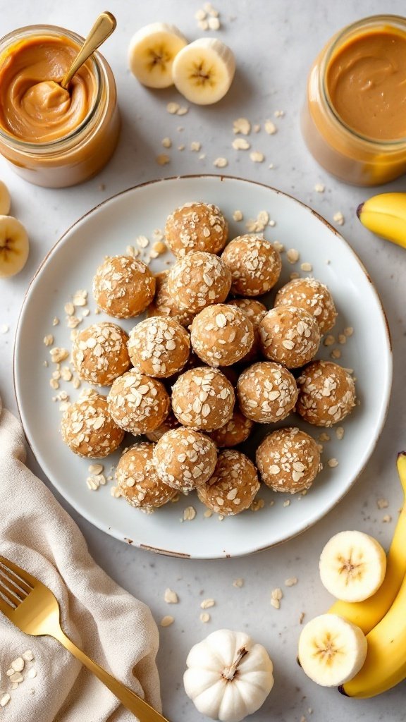 A plate of Peanut Butter Banana Energy Bites surrounded by bananas and jars of peanut butter.