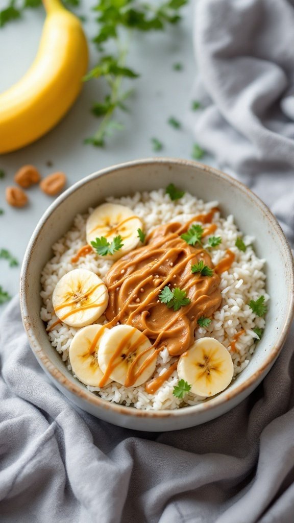 A peanut butter banana rice bowl featuring fluffy rice topped with banana slices and drizzled with peanut butter, all garnished with a sprinkle of herbs.