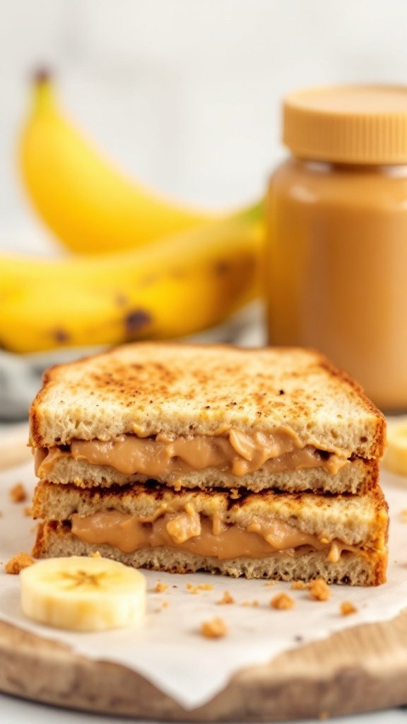 A delicious peanut butter banana sandwich with bananas in the background.