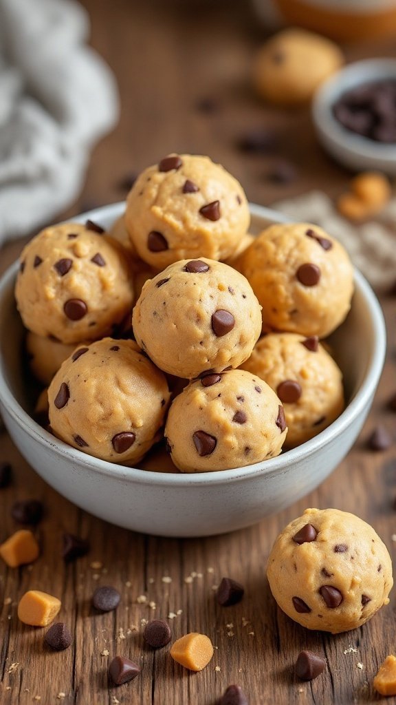 A bowl of peanut butter chocolate chip cookie dough bites, with some scattered chocolate chips around.