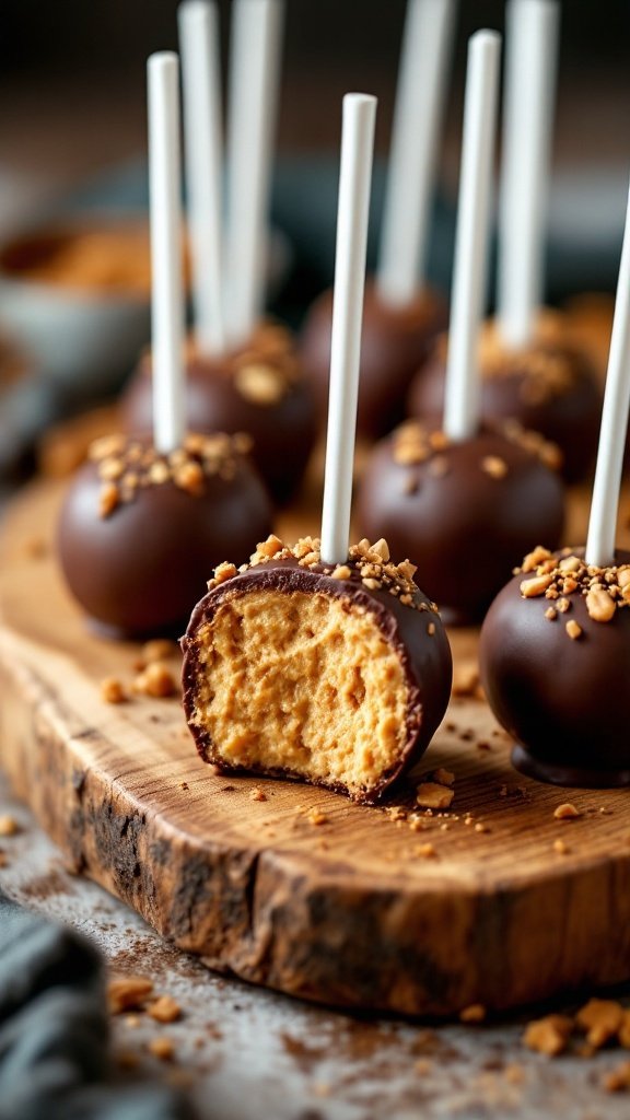 A close-up of vegan cake pops with a bite taken out, showcasing a creamy peanut butter filling and a chocolate coating.