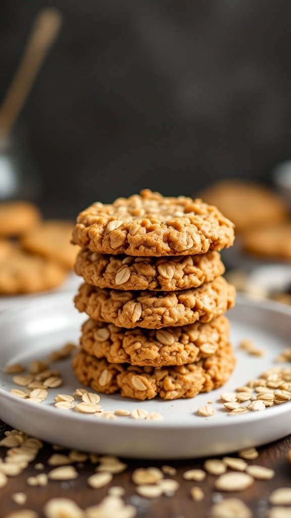 A stack of peanut butter oatmeal cookies on a white plate, surrounded by scattered oats.