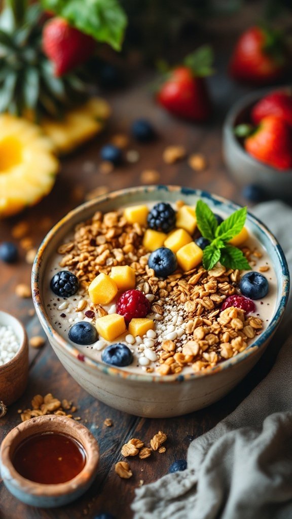 A colorful pineapple ginger smoothie bowl topped with granola, mango, berries, and mint, surrounded by fresh fruits on a wooden table.