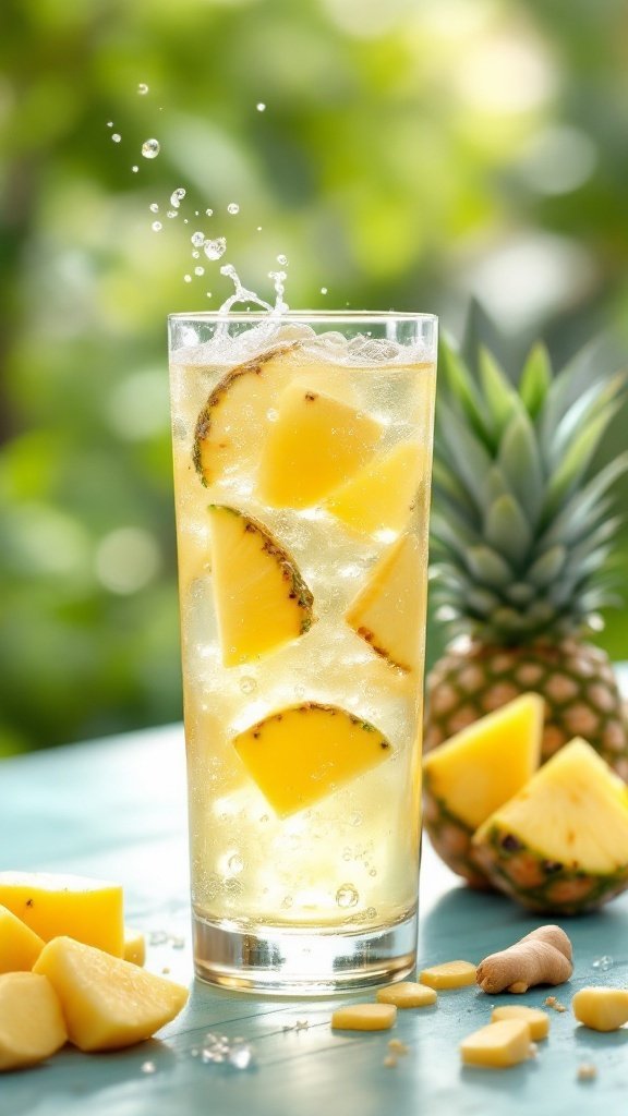 A refreshing Pineapple Ginger Sparkler in a tall glass, garnished with pineapple chunks and ginger, surrounded by fresh pineapple pieces.