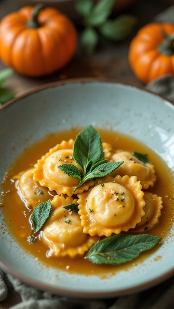 A bowl of pumpkin and sage ravioli topped with fresh herbs, with pumpkins in the background.