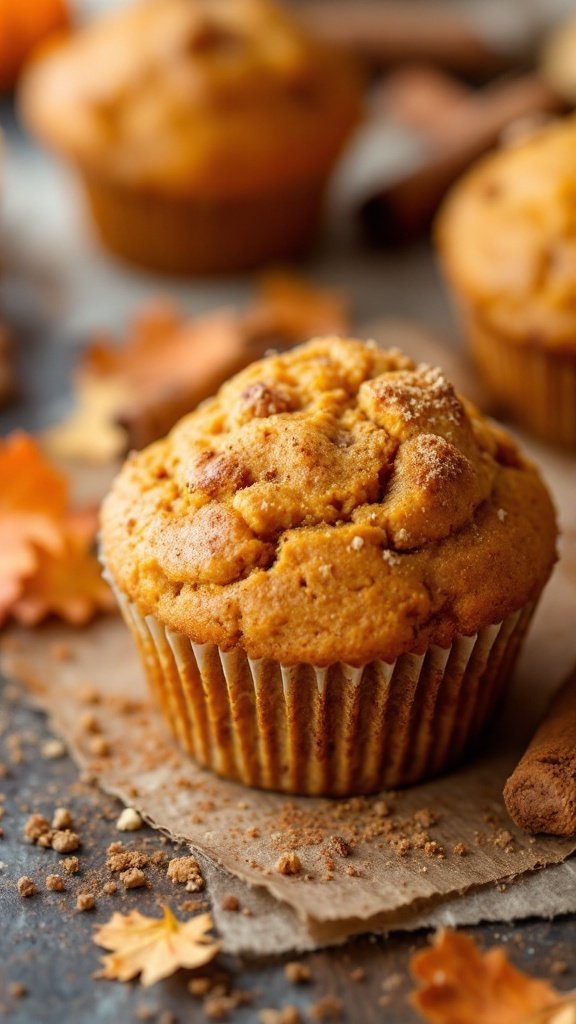 Delicious pumpkin spice muffins arranged with autumn leaves and pumpkins.