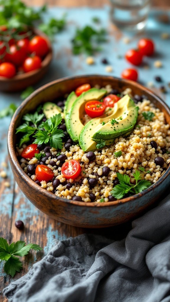 A bowl of quinoa and black beans topped with sliced avocado, cherry tomatoes, and fresh herbs.