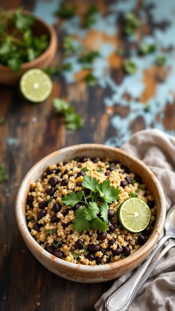 A quinoa and black bean breakfast bowl, garnished with lime and cilantro.