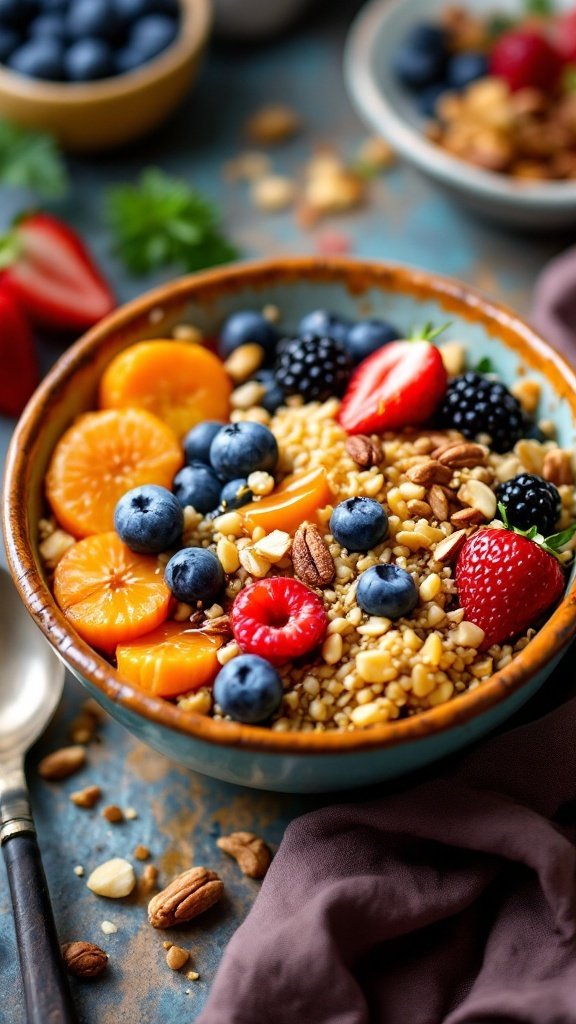 A vibrant quinoa breakfast bowl topped with fresh berries, mandarin slices, and almonds.