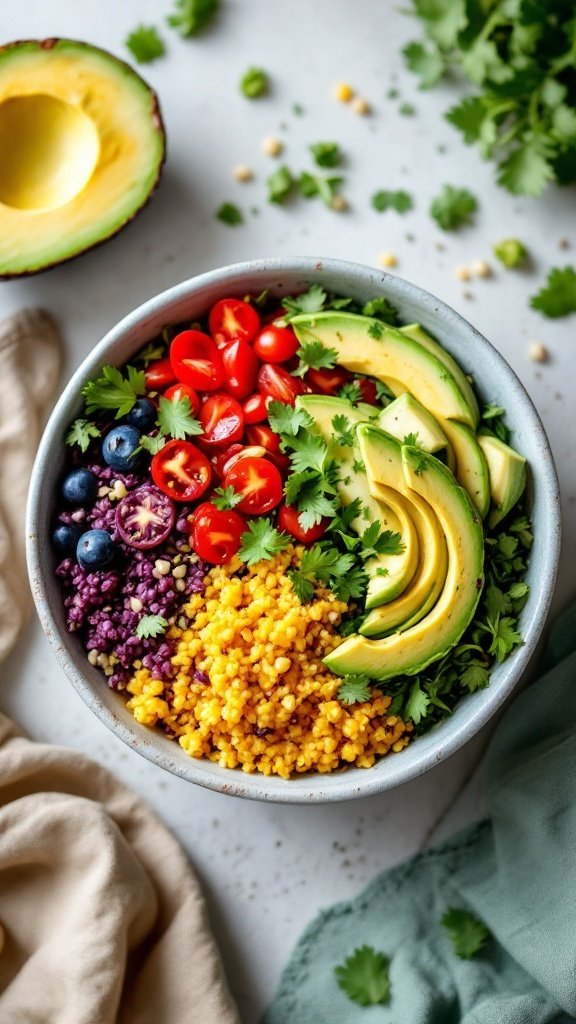 A colorful Rainbow Quinoa Bowl filled with quinoa, cherry tomatoes, avocado, and colorful veggies.