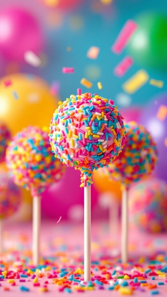 Colorful vegan cake pops covered in rainbow sprinkles