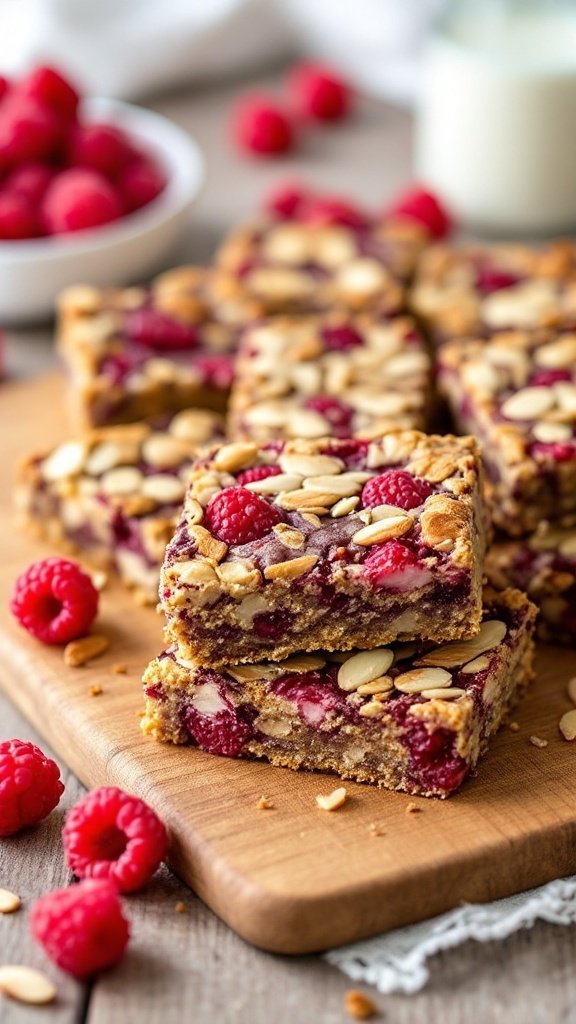 Raspberry Almond Energy Bars stacked on a wooden board with fresh raspberries.