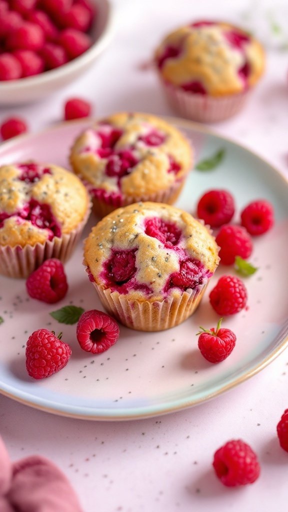 Raspberry chia seed muffins on a plate with fresh raspberries