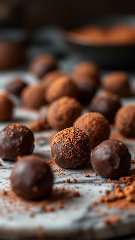 A close-up of raw chocolate date truffles dusted with cocoa powder on a marble surface.