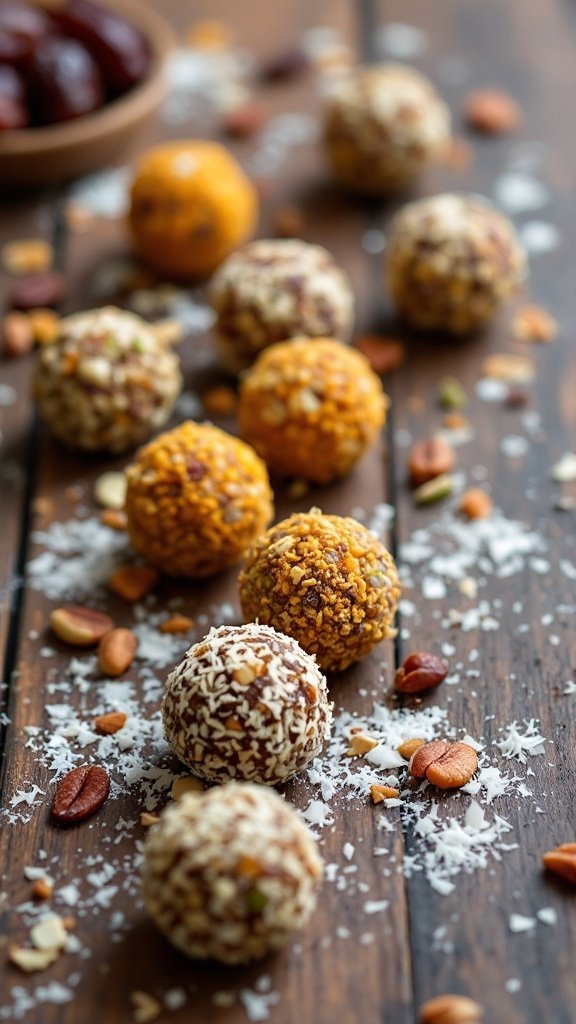 A collection of colorful raw energy balls made from dates and nuts, scattered on a wooden surface.