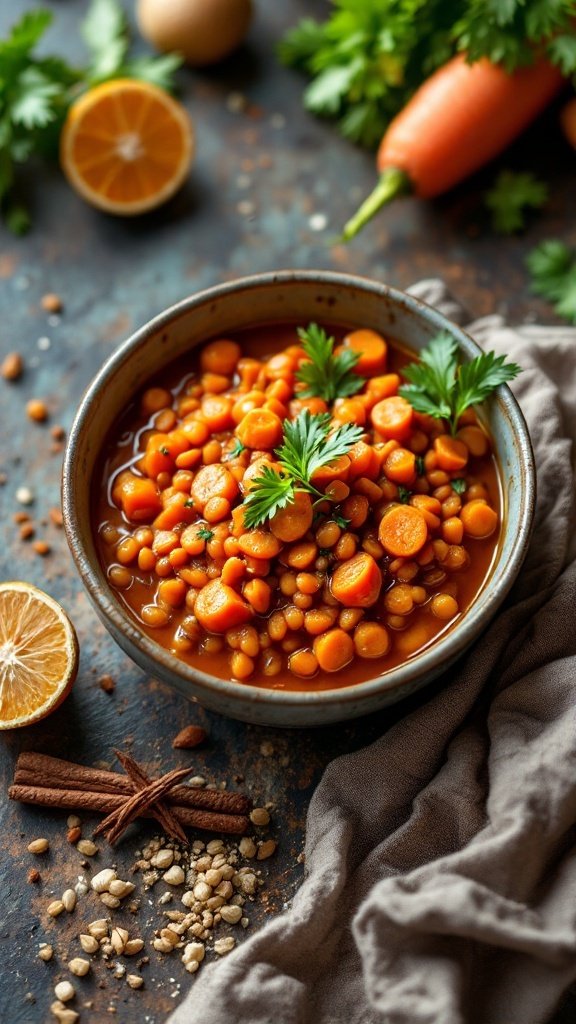 A bowl of red lentil and carrot curry garnished with fresh herbs, surrounded by carrots and spices.