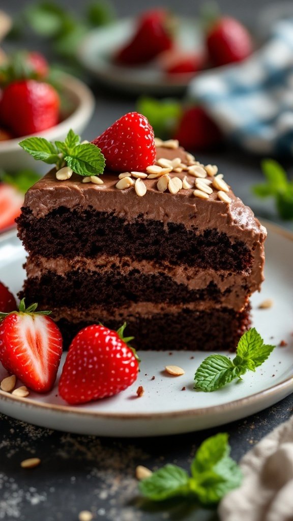 A slice of rich vegan chocolate cake with almond frosting, garnished with strawberries and mint.