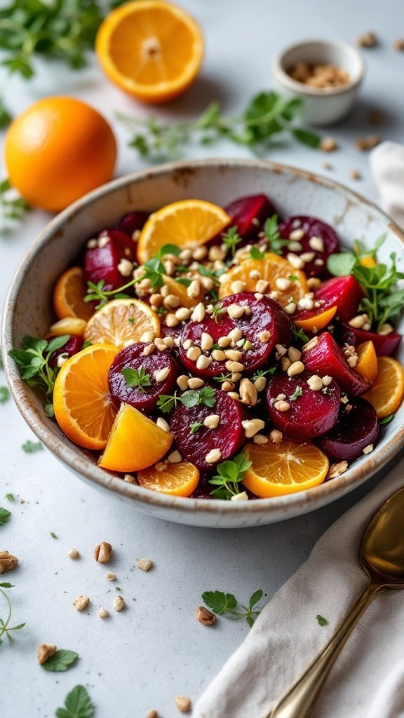 A colorful salad bowl featuring roasted beets, citrus slices, and nuts, garnished with parsley.