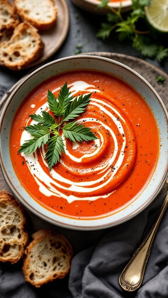 A bowl of roasted red pepper and tomato bisque garnished with herbs, alongside cherry tomatoes and a slice of bread.