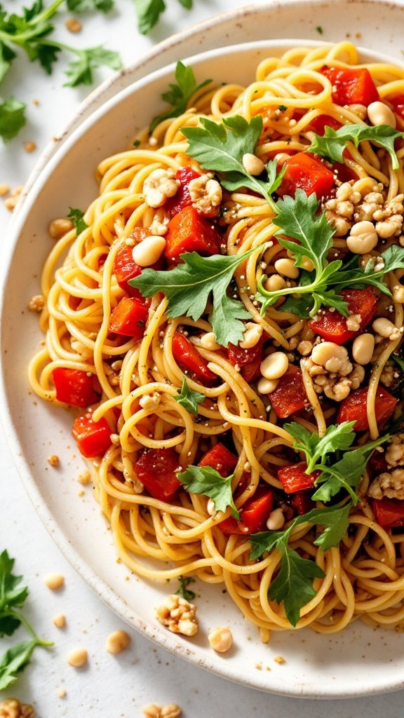 Vegan pasta dish with roasted red pepper and walnut pesto, garnished with greens and nuts.
