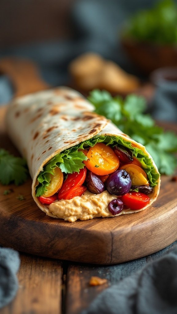 A delicious roasted vegetable and hummus wrap on a wooden board, surrounded by fresh tomatoes and greens.