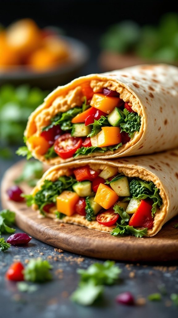 A delicious roasted vegetable and hummus wrap filled with colorful veggies, sitting on a wooden plate.