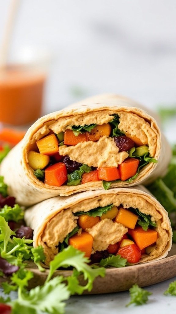 Two roasted vegetable and hummus wraps surrounded by fresh vegetables and a side salad