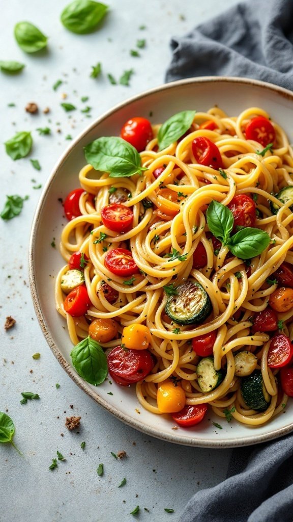 A plate of roasted vegetable pasta primavera featuring spaghetti, cherry tomatoes, zucchini, and fresh basil.