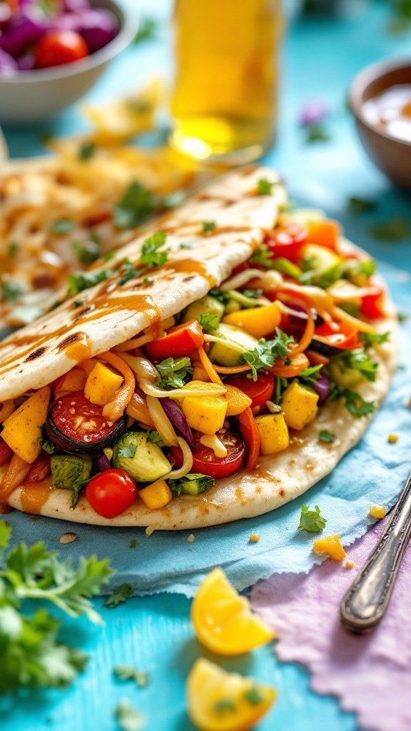 A delicious roasted vegetable pita filled with colorful veggies, ready to be enjoyed for a quick vegan lunch.