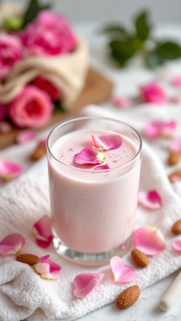 A glass of rose petal almond milk garnished with rose petals, surrounded by almonds and pink petals.