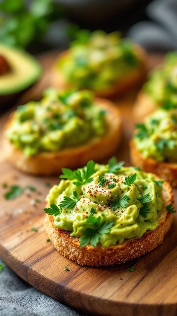 Savory avocado toast bites topped with fresh herbs on a wooden board.