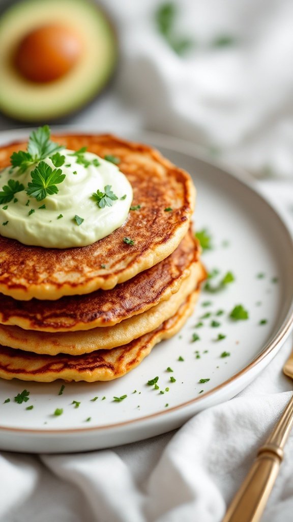 Savory chickpea flour pancakes topped with avocado cream and herbs, served on a plate with an avocado in the background.