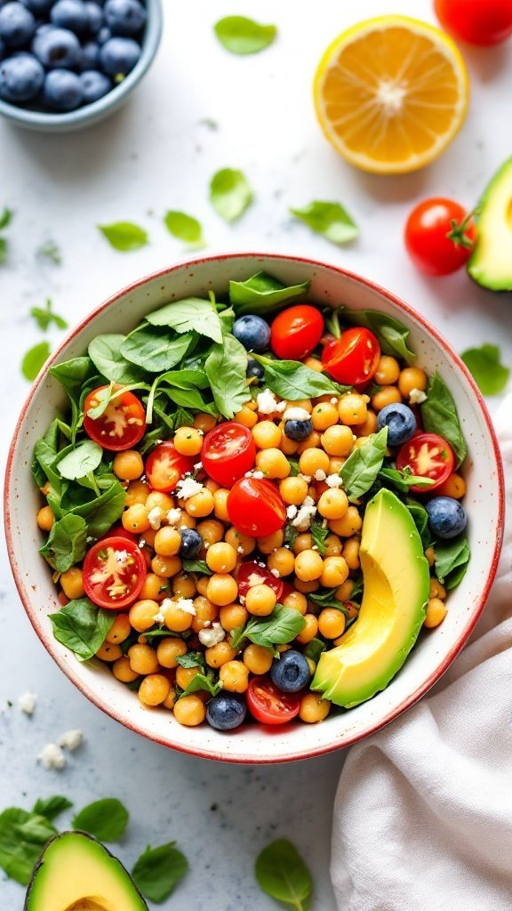 A colorful bowl filled with chickpeas, spinach, tomatoes, blueberries, and avocado slices, surrounded by fresh ingredients.