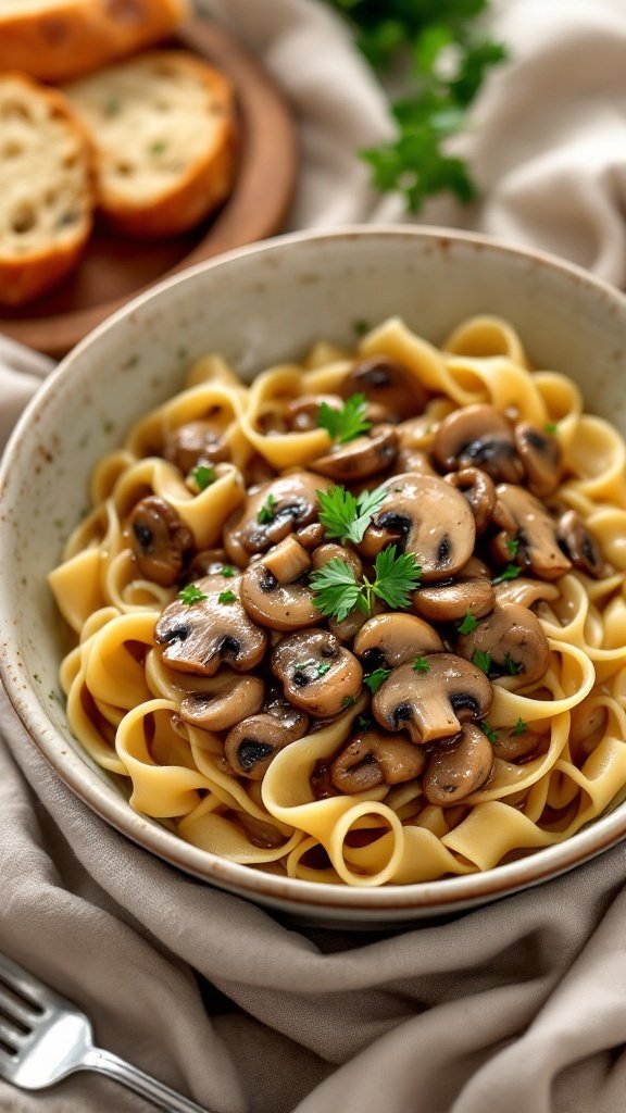 A bowl of mushroom stroganoff with pasta and fresh herbs, accompanied by slices of bread.