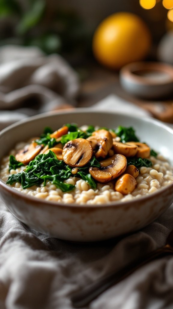 Savory oatmeal bowl topped with spinach and mushrooms