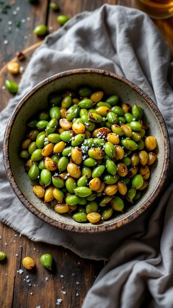 A bowl of savory roasted edamame, green and yellow beans sprinkled with sea salt, resting on a gray cloth.