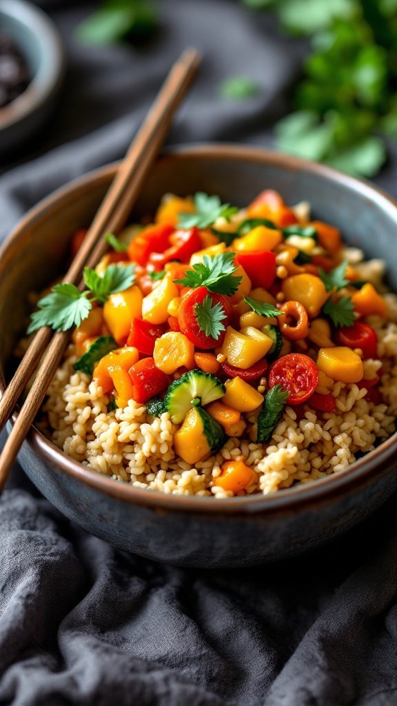 A colorful vegetable stir-fry over brown rice, featuring carrots, peppers, and other vibrant veggies.