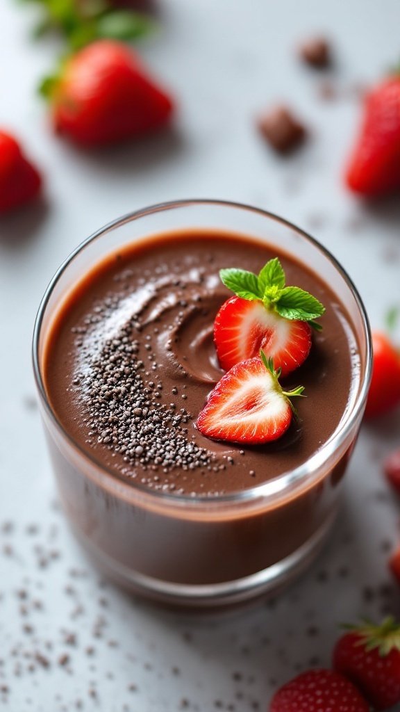 A glass of chocolate chia seed pudding topped with strawberries and mint leaves, surrounded by fresh strawberries.
