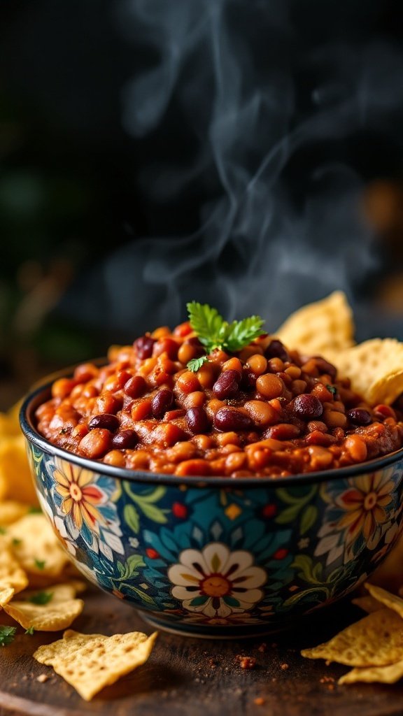 A colorful bowl of smoky chipotle bean dip topped with fresh herbs, surrounded by tortilla chips.
