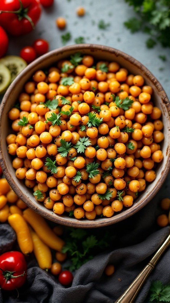 A bowl of smoky roasted chickpeas garnished with fresh cilantro, surrounded by colorful vegetables.