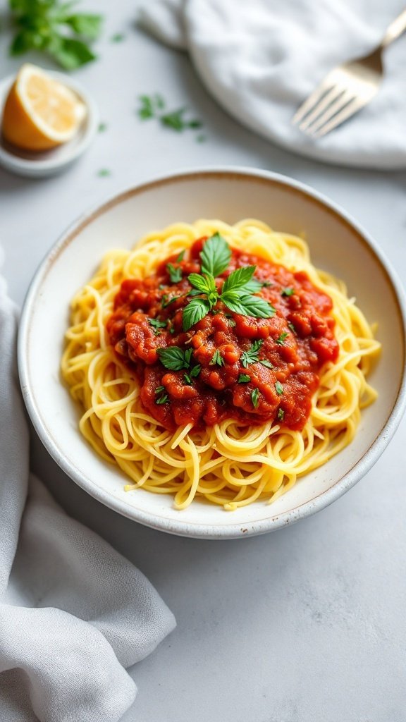 A bowl of spaghetti squash topped with marinara sauce, fresh basil, and cherry tomatoes, surrounded by ingredients.