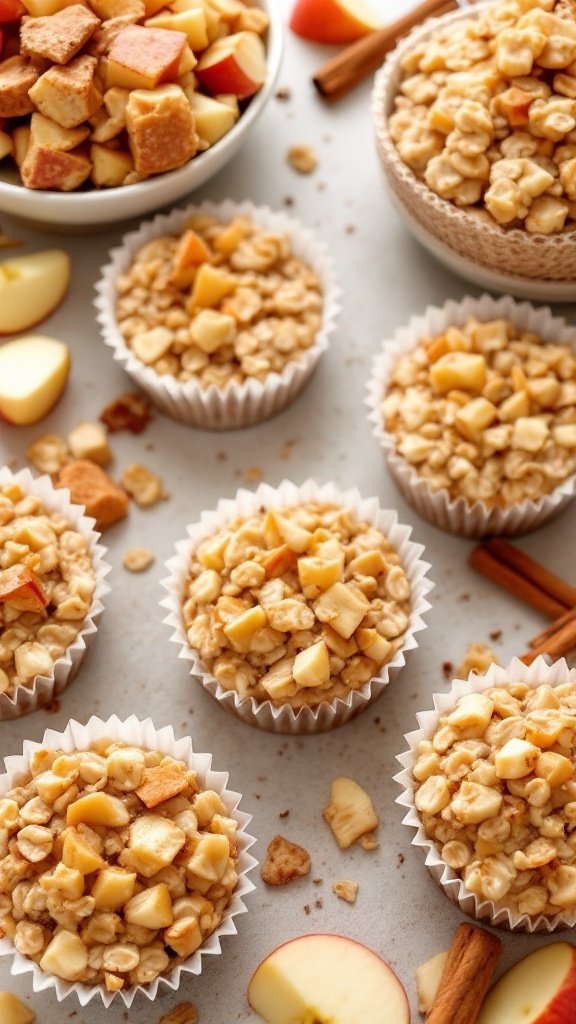 Spiced apple oatmeal cups surrounded by chopped apples and cinnamon sticks