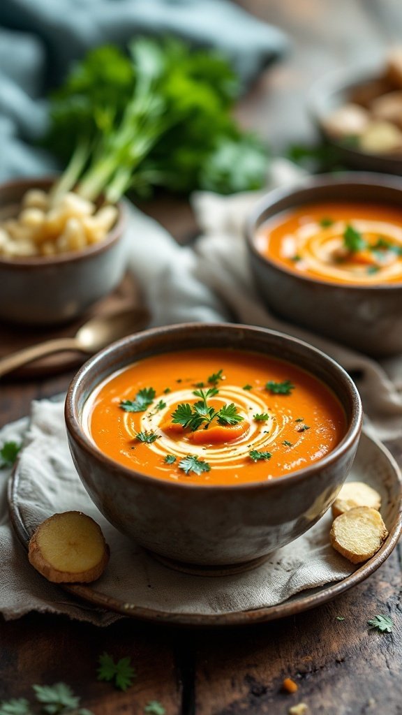 A bowl of spiced carrot and ginger soup garnished with parsley, with a side of orange fritters and a lemon wedge.