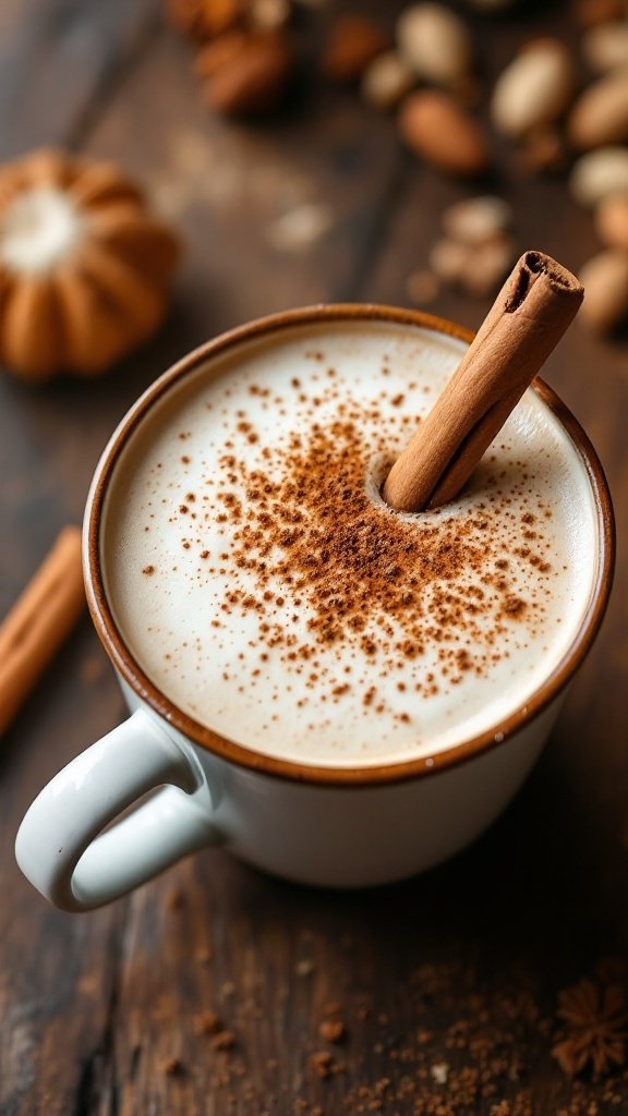 A cozy spiced chai latte in a mug, topped with cinnamon and served with almonds, evoking a warm, inviting feeling.